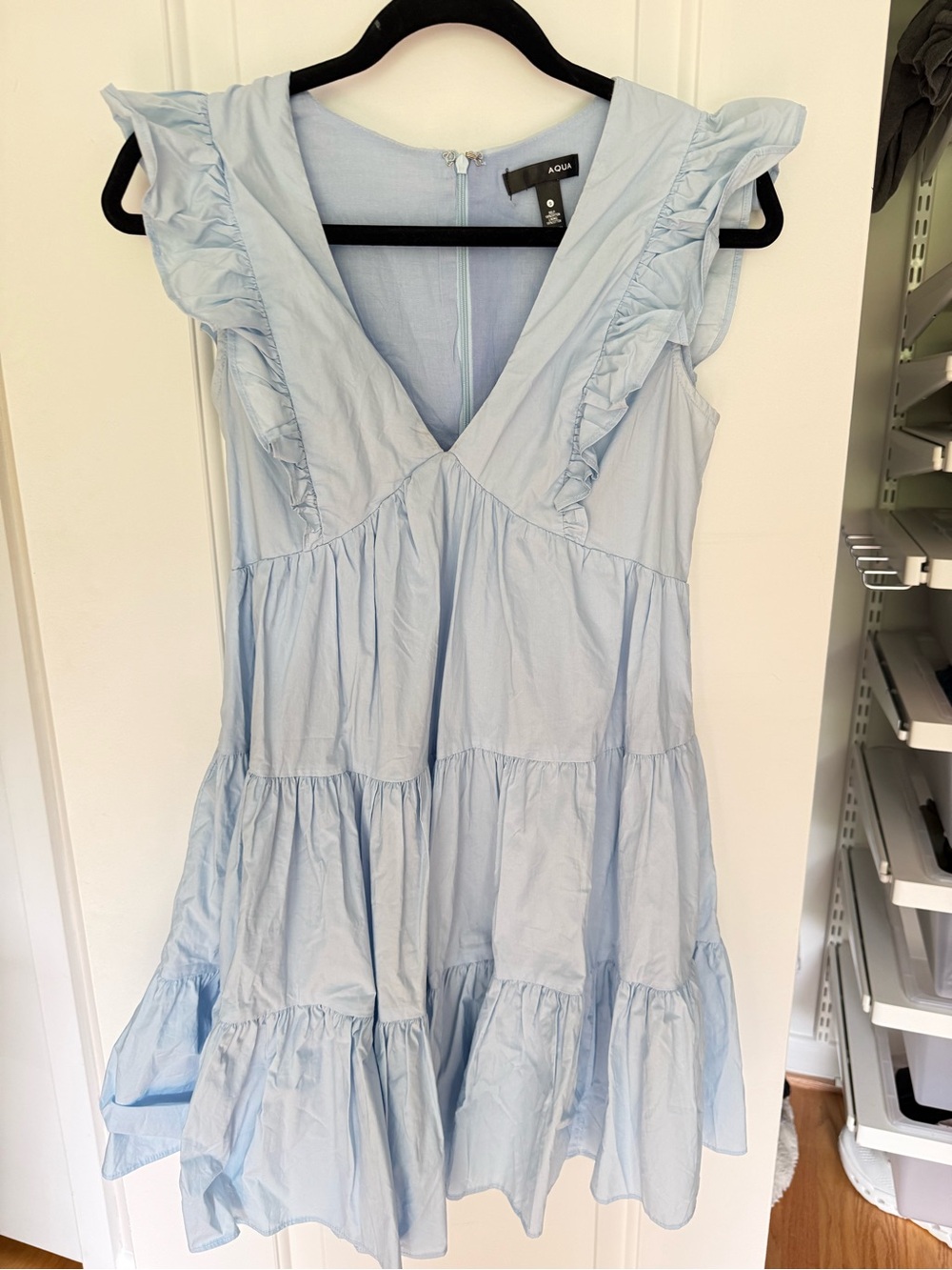 Aqua Pale Blue Ruffle Tiered V-Neck Mini Dress